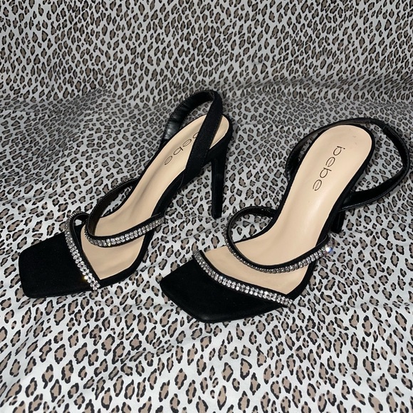 Bebe Black High Heel Suede Sandal Open Toe Bejeweled Rhinestone Bling Strap NWOT - Picture 4 of 12